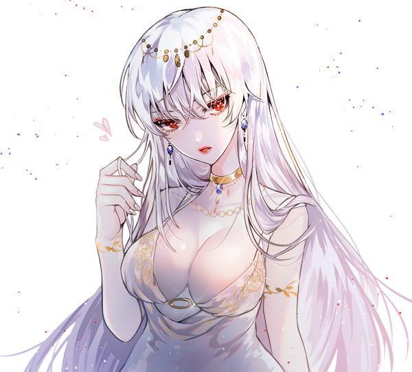 Anime picture 947x858 with original kimpeul single long hair fringe light erotic hair between eyes red eyes white background looking away cleavage white hair parted lips head tilt fingernails lips sparkle lipstick red lipstick albino