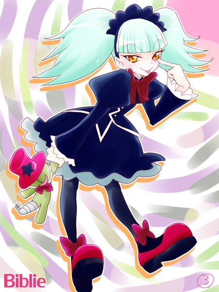 Anime picture 1200x1600 with precure kirakira precure a la mode toei animation biburi (precure) kasuga ruri single long hair tall image looking at viewer fringe twintails yellow eyes full body upper body blunt bangs aqua hair character names lolita fashion akanbe girl