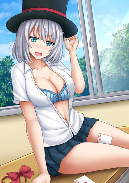 Anime picture 1200x1697 with tejina senpai tejina senpai (character) kazenokaze single tall image looking at viewer blush fringe short hair breasts open mouth blue eyes light erotic smile hair between eyes sitting sky cleavage silver hair cloud (clouds)