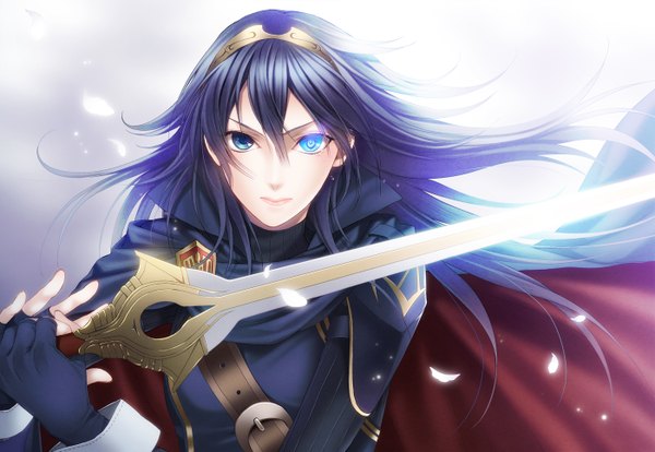 Anime picture 1400x966 with fire emblem fire emblem awakening lucina (fire emblem) tukino omame (artist) single long hair looking at viewer blue eyes blue hair wind grey background glowing glowing eye (eyes) girl uniform petals sword armor fingerless gloves cape