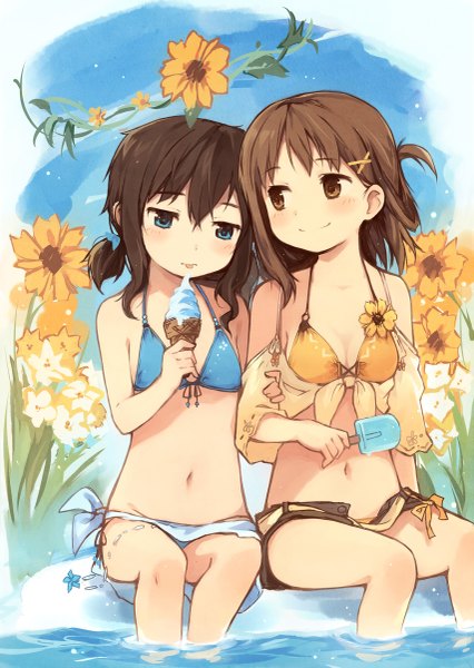 Anime picture 853x1200 with original girls log vol.5 - kyuri illustration works 2014 summer vacation kyuri long hair tall image blush breasts blue eyes light erotic black hair brown hair sitting twintails multiple girls holding brown eyes looking away sky outdoors ponytail