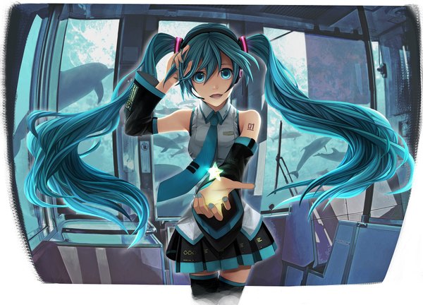 Anime picture 2164x1561 with vocaloid hatsune miku kari kenji single highres open mouth twintails very long hair nail polish pleated skirt aqua eyes aqua hair outstretched arm girl detached sleeves miniskirt necktie headphones star (symbol) microphone