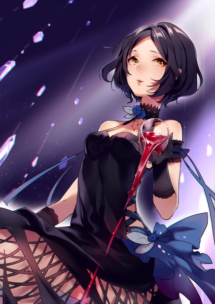 Anime picture 1200x1697 with idolmaster idolmaster cinderella girls hayami kanade limbo (artist) single tall image looking at viewer short hair black hair simple background smile bare shoulders holding yellow eyes parted lips from below purple background girl dress gloves