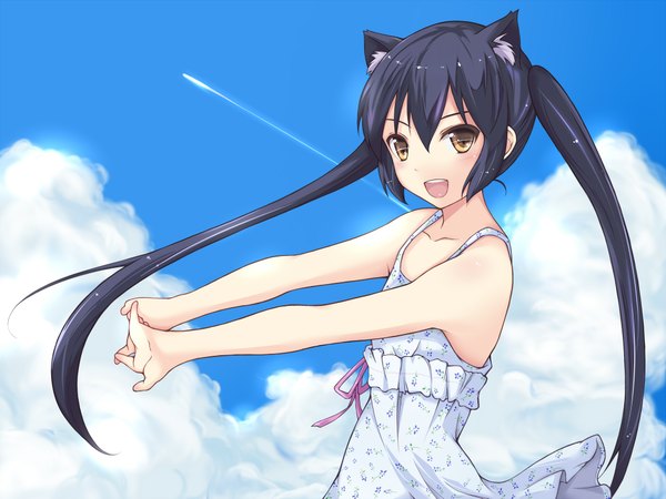 Anime picture 2000x1503 with k-on! kyoto animation nakano azusa taka-kun long hair highres blue eyes black hair twintails animal ears sky cloud (clouds) cat ears cat girl girl sundress