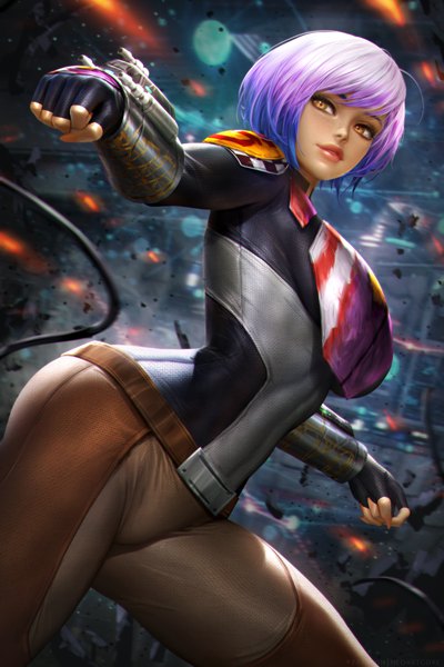 Anime picture 2400x3597 with star wars star wars: rebels sabine wren nudtawut thongmai single tall image fringe highres short hair breasts large breasts standing yellow eyes looking away purple hair blunt bangs realistic outstretched arm gradient hair bob cut
