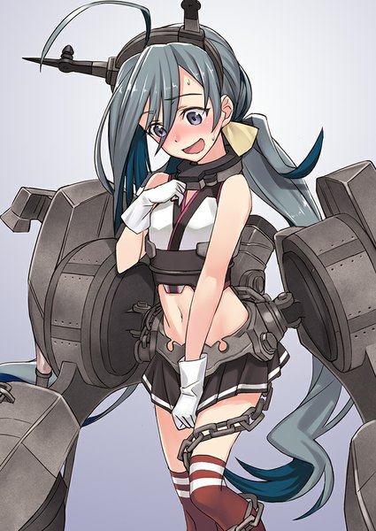 Anime picture 708x1000 with kantai collection kiyoshimo destroyer kiyoshimo (kantai collection) matsuryuu single tall image blush open mouth simple background ahoge very long hair grey hair grey eyes looking down mutsu battleship (cosplay) girl thighhighs skirt gloves miniskirt