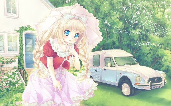 Anime picture 1200x750 with original momoka single long hair blush open mouth blue eyes wide image white hair braid (braids) girl dress flower (flowers) bow plant (plants) hair bow tree (trees) umbrella ground vehicle car