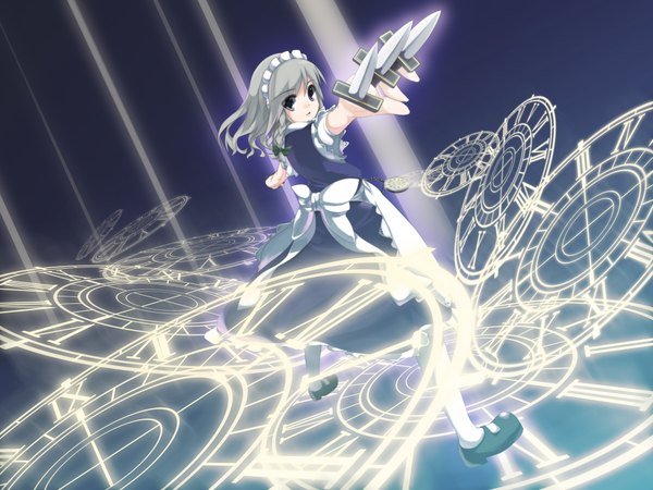 Anime picture 2000x1500 with touhou izayoi sakuya highres silver hair maid grey eyes magic girl ribbon (ribbons) clock knife magic circle syouji ayumu