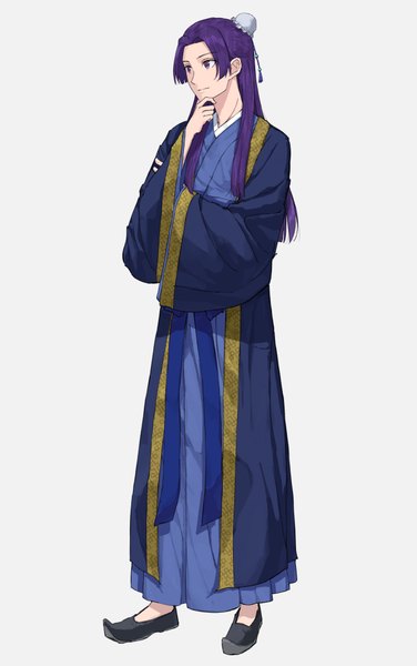Anime picture 655x1045 with kusuriya no hitorigoto jinshi (kusuriya no hitorigoto) kurei 9 0 single long hair tall image simple background standing purple eyes payot purple hair full body traditional clothes grey background wide sleeves chinese clothes half updo thinking boy bun cover