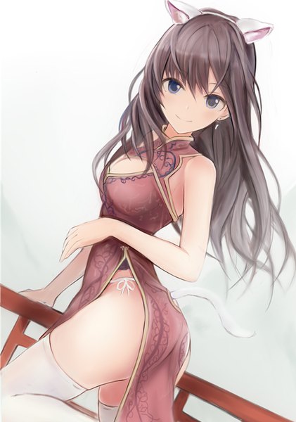 Anime picture 702x1000 with idolmaster idolmaster cinderella girls ichinose shiki nannacy7 single long hair tall image looking at viewer blush fringe breasts blue eyes light erotic simple background smile hair between eyes brown hair bare shoulders holding animal ears