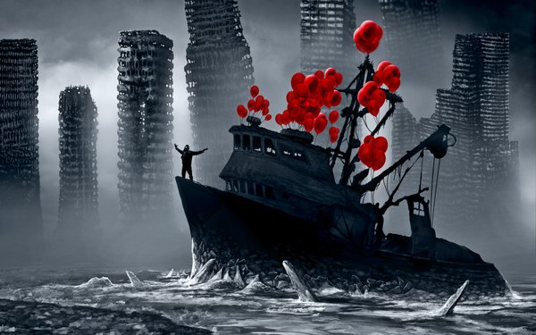 Anime picture 1920x1200 with romantically apocalyptic alexiuss single highres wide image spread arms river fog post-apocalyptic boy building (buildings) balloon watercraft ice ship gas mask