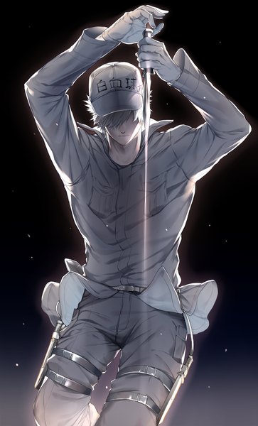 Anime picture 1200x1980 with hataraku saibou david production white blood cell (hataraku saibou) u-1146 tsunami (sorudora) single tall image fringe short hair simple background standing holding bent knee (knees) white hair arms up gradient background dark background fighting stance clothes writing hair over eyes