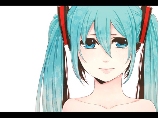 Anime picture 1280x960 with vocaloid hatsune miku satochi single long hair looking at viewer blush blue eyes simple background white background twintails bare shoulders aqua hair tears letterboxed close-up girl