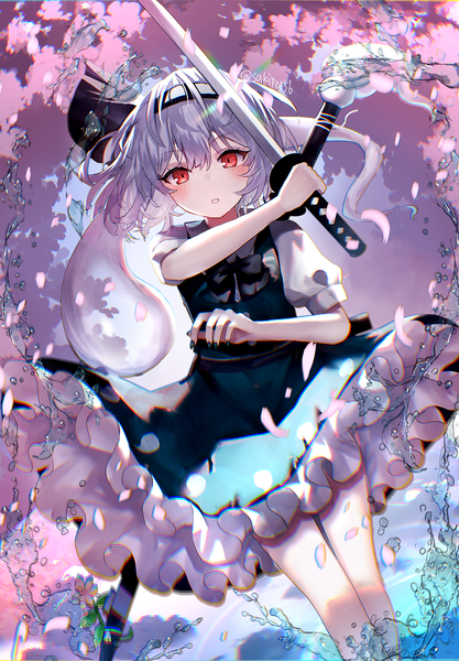 Anime picture 700x1008 with touhou konpaku youmu myon sakipsakip tall image looking at viewer blush fringe short hair hair between eyes red eyes standing holding signed silver hair outdoors parted lips arm up dutch angle twitter username