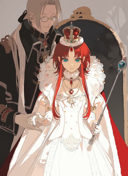 Anime picture 3344x4617 with trinity blood gonzo abel nightroad esther blanchett chongzhen 085 long hair tall image looking at viewer highres blonde hair smile absurdres red hair eyes closed aqua eyes low ponytail expressionless girl dress boy