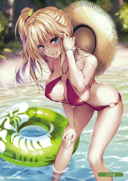Anime picture 2482x3500 with melonbooks piromizu single long hair tall image looking at viewer blush fringe highres breasts blue eyes light erotic blonde hair smile hair between eyes payot outdoors parted lips scan wet