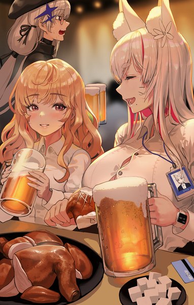 Anime picture 1273x2000 with destiny child tamamo (destiny child) metis (destiny child) caca (destiny child) zig90 long hair tall image blush fringe breasts open mouth blonde hair smile sitting twintails multiple girls holding brown eyes animal ears looking away