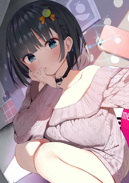 Anime picture 2893x4092 with original gaou (umaiyo puyoman) single tall image looking at viewer blush fringe highres short hair breasts black hair bent knee (knees) indoors blunt bangs long sleeves aqua eyes off shoulder sparkle squat hand to mouth