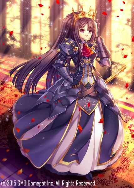 Anime picture 800x1122 with original capura lin single long hair tall image looking at viewer open mouth black hair red eyes ponytail girl dress hair ornament weapon petals sword armor crown armored dress