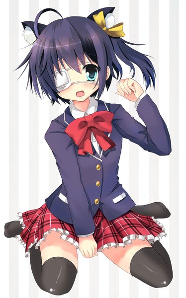 Anime picture 1200x1925 with chuunibyou demo koi ga shitai! kyoto animation takanashi rikka staryume single tall image blush short hair open mouth blue eyes black hair simple background white background animal ears cat ears one side up girl thighhighs uniform black thighhighs