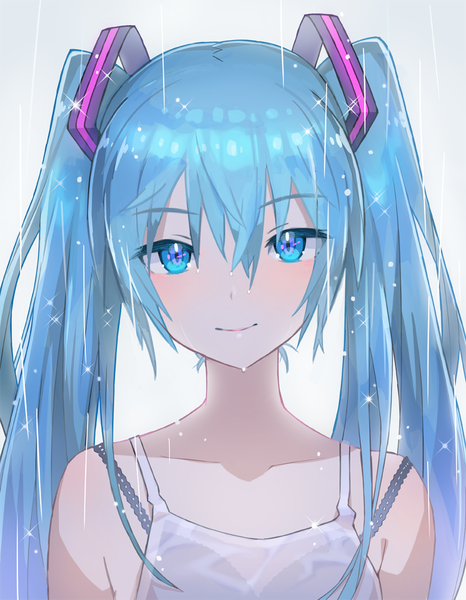 Anime-Bild 777x1000 mit vocaloid hatsune miku saitou naoki single long hair tall image looking at viewer blush fringe blue eyes hair between eyes twintails bare shoulders blue hair upper body outdoors head tilt light smile sparkle wet