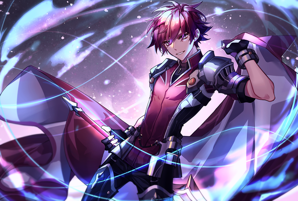 Anime picture 2039x1378 with elsword elsword (character) knight emperor (elsword) jtlo123412 single looking at viewer fringe highres short hair smile hair between eyes standing holding red hair silver eyes aura boy gloves weapon sword