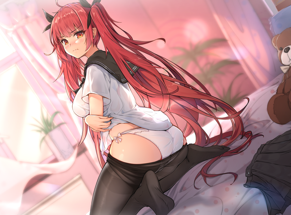 Anime picture 3437x2551 with azur lane honolulu (azur lane) hentai kuwa single long hair looking at viewer blush fringe highres breasts light erotic sitting twintails brown eyes absurdres full body ahoge ass red hair indoors