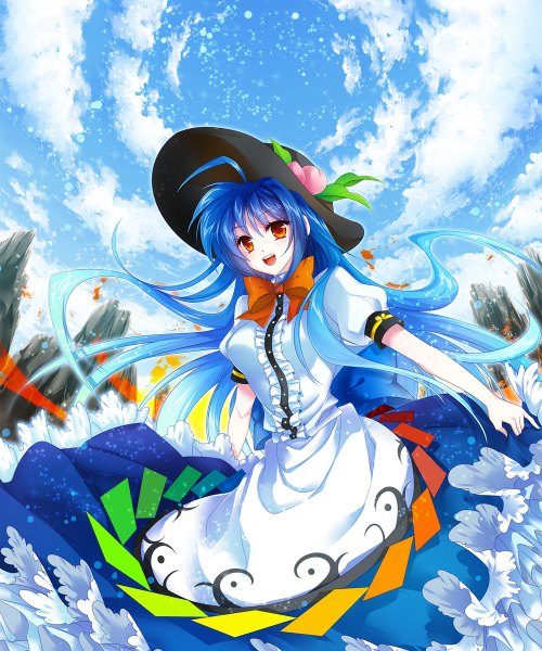 Anime picture 1000x1200 with touhou hinanawi tenshi sawaki single long hair tall image open mouth red eyes blue hair sky cloud (clouds) girl dress hat bowtie