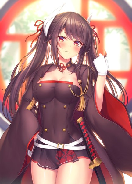 Anime picture 2021x2801 with azur lane haruna (azur lane) tiphereth single long hair tall image looking at viewer blush fringe highres breasts light erotic hair between eyes red eyes brown hair standing twintails payot cleavage long sleeves