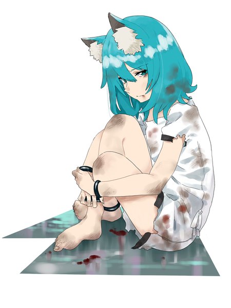 Anime picture 1944x2592 with original eir (machi) machi (wm) single tall image looking at viewer fringe highres short hair simple background hair between eyes white background full body bent knee (knees) barefoot aqua eyes aqua hair bare legs hug torn clothes