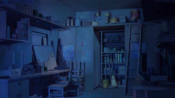 Anime picture 1920x1080 with everlasting summer iichan eroge arsenixc vvcephei highres wide image game cg indoors night wallpaper dark background no people locker room collaboration book (books) chair bottle lamp desk room