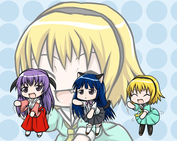 Anime picture 1280x1024 with higurashi no naku koro ni kodomo no jikan studio deen furude rika houjou satoko hanyuu long hair short hair blue background parody