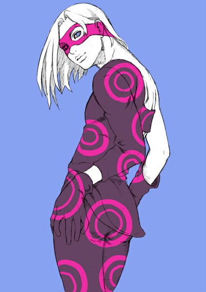 Anime picture 566x800 with jojo no kimyou na bouken melone chounorin single tall image looking at viewer short hair simple background purple eyes looking back purple background hands on hips boy gloves mask