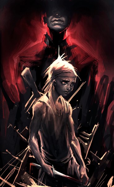 Anime-Bild 1833x2989 mit kony 2012 joseph kony sakimichan single tall image highres blonde hair glowing dark background glowing eye (eyes) muscle sad boy weapon blood knife bandana