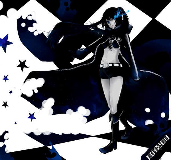 Anime picture 1600x1500 with black rock shooter black rock shooter (character) single long hair blue eyes black hair twintails glowing scar glowing eye (eyes) pale skin checkered girl shorts boots star (symbol) cloak bikini top