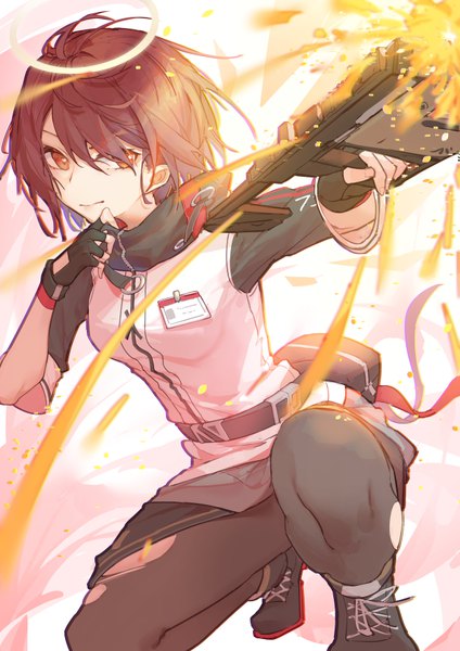 Anime picture 4961x7016 with arknights exusiai (arknights) kotatsu kaya single tall image highres short hair red eyes looking away absurdres red hair squat torn pantyhose adjusting clothes girl gloves weapon pantyhose black pantyhose fingerless gloves