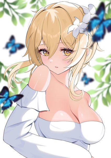 Anime picture 2896x4096 with genshin impact lumine (genshin impact) sayo shigure (sayosigure) single tall image looking at viewer fringe highres short hair breasts open mouth light erotic blonde hair hair between eyes large breasts bare shoulders yellow eyes cleavage upper body hair flower