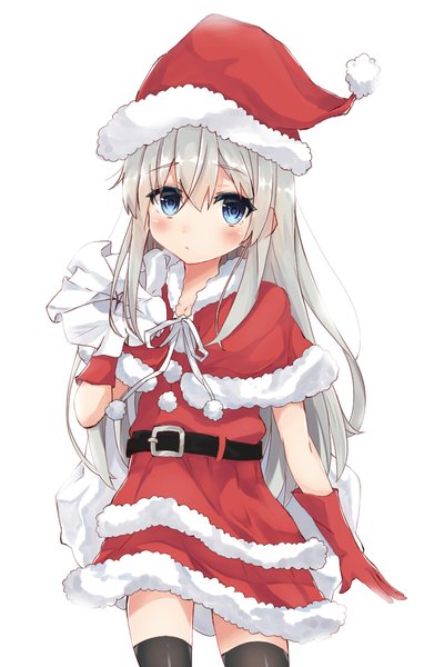Anime picture 700x1100 with kantai collection hibiki destroyer verniy destroyer seki (l0410706268) single long hair tall image looking at viewer blush fringe simple background hair between eyes standing white background holding silver hair arm up alternate costume embarrassed zettai ryouiki