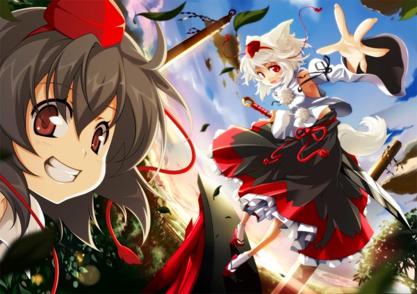 Anime picture 1414x1000 with touhou shameimaru aya hong (white spider) reina (black spider) short hair black hair red eyes animal ears sky cloud (clouds) white hair tail teeth fang (fangs) landscape wolf girl girl dress ribbon (ribbons) hat