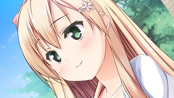 Anime picture 1280x720 with ano ko wa ore kara hanarenai giga naruse manami long hair blush blonde hair smile wide image green eyes game cg girl hair ornament