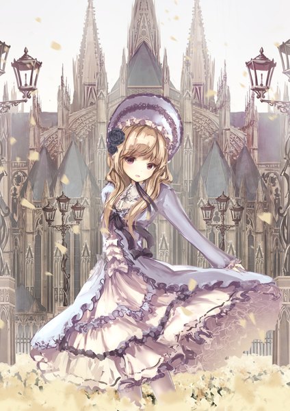 Anime picture 1158x1637 with original missle228 single long hair tall image looking at viewer fringe blonde hair twintails holding long sleeves parted lips pink eyes hair flower low twintails turning head frilled dress lolita fashion architecture girl