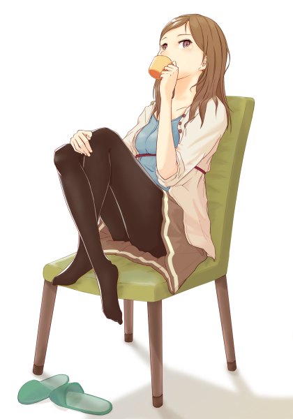 Anime picture 840x1200 with original hiiro (pixiv 45675) single long hair tall image looking at viewer simple background brown hair white background sitting brown eyes girl pantyhose chair teacup
