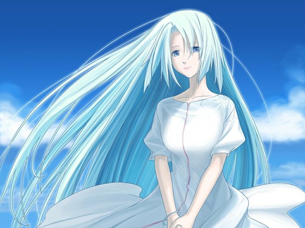 Anime picture 1024x768 with chrono belt (game) long hair blue eyes blue hair game cg sky girl