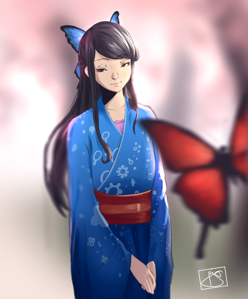 Anime picture 1788x2154 with original ar jart single long hair tall image fringe highres black hair brown eyes signed payot long sleeves traditional clothes japanese clothes light smile blurry wide sleeves depth of field looking down half updo