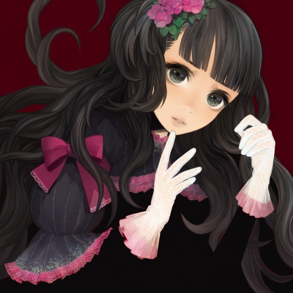 Anime picture 1200x1200 with matayoshi single long hair fringe black hair hair flower grey eyes finger to mouth girl dress gloves hair ornament flower (flowers) bow ribbon (ribbons)