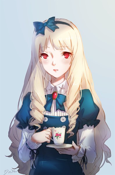 Anime picture 714x1080 with original minhoo single long hair tall image blush fringe blonde hair red eyes holding signed lips puffy sleeves drill hair blue background girl hairband bowtie cup