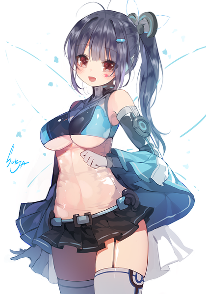 Anime picture 700x1000 with original sorolp single long hair tall image looking at viewer fringe breasts open mouth light erotic black hair red eyes large breasts signed ponytail pleated skirt facial mark girl thighhighs skirt