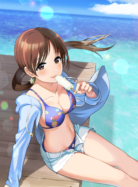 Anime picture 988x1335 with idolmaster idolmaster cinderella girls nitta minami natsuya single long hair tall image blush breasts open mouth smile brown hair large breasts sitting holding brown eyes sky cleavage cloud (clouds) outdoors