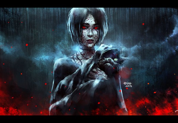 Anime picture 1300x900 with original nanfe single looking at viewer short hair black hair red eyes holding lips glowing dark background letterboxed rain glowing eye (eyes) girl animal cat fire