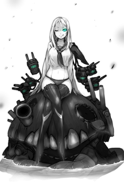 Anime picture 867x1300 with kantai collection ta-class battleship ganesagi single long hair tall image looking at viewer highres blue eyes light erotic simple background white background sitting white hair one eye closed wink teeth crossed legs monochrome girl